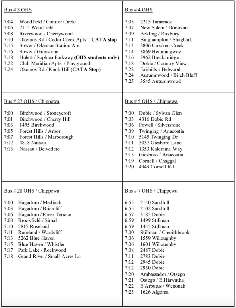 OHS/Chippewa Bus Schedule